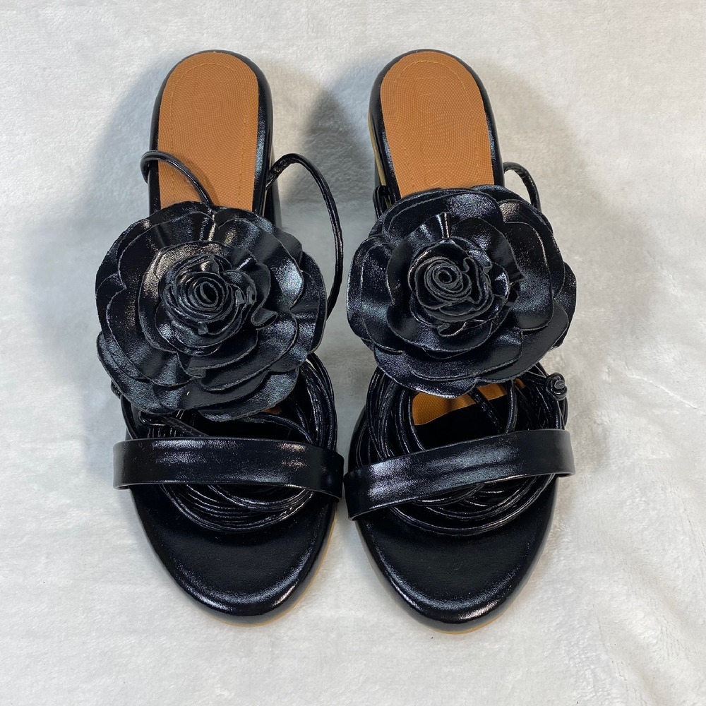 Lovella Flower Heels Block Heel Sandals‎ Strappy Party Shoes Black Size 9/39